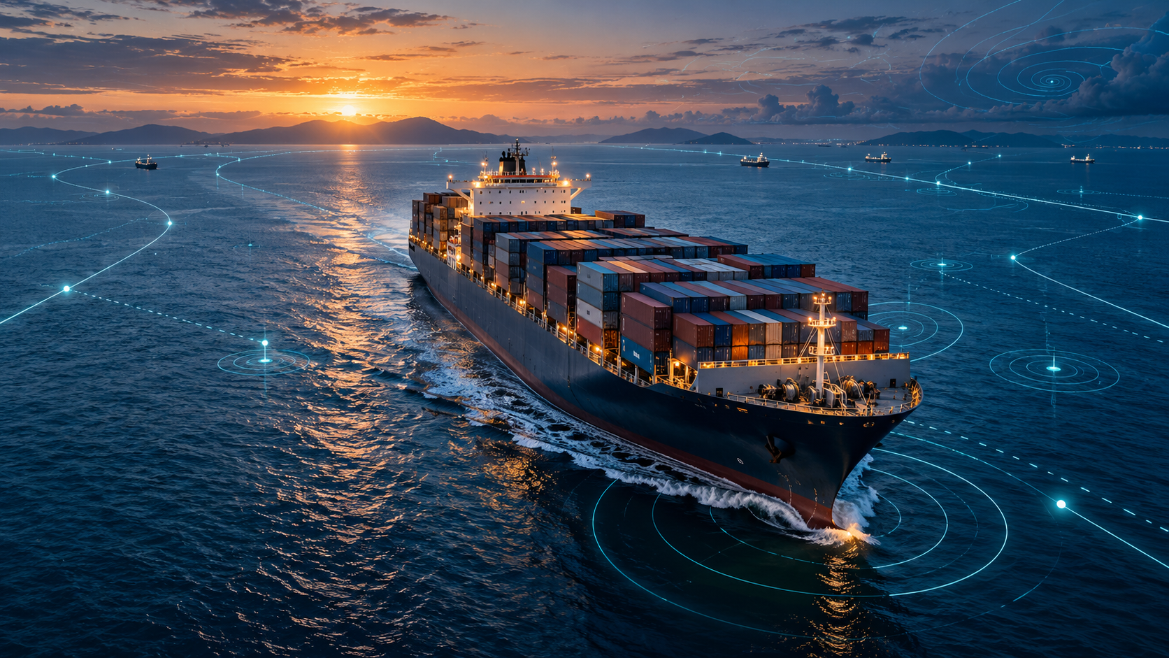 Container ship at sea with a maritime data network visualization