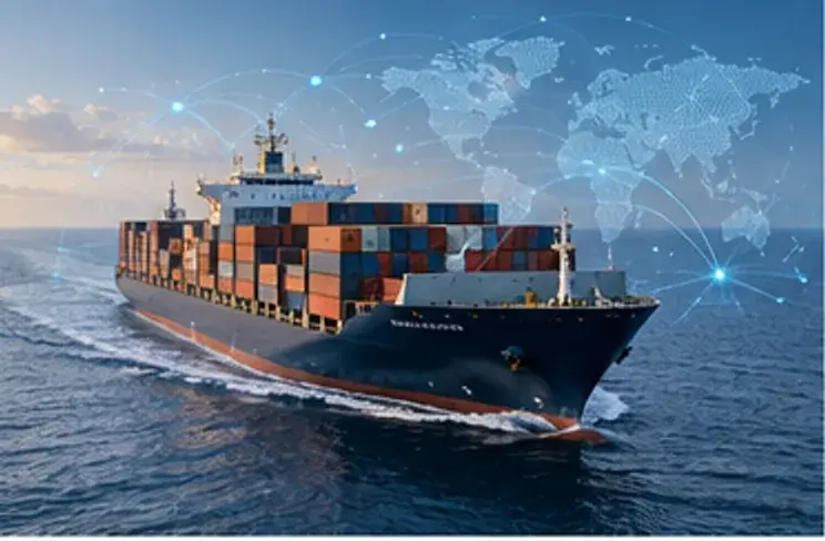 Container ship at sea with a subtle maritime data network visualization