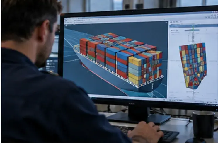 Navigation bridge with a human officer supervising ship systems