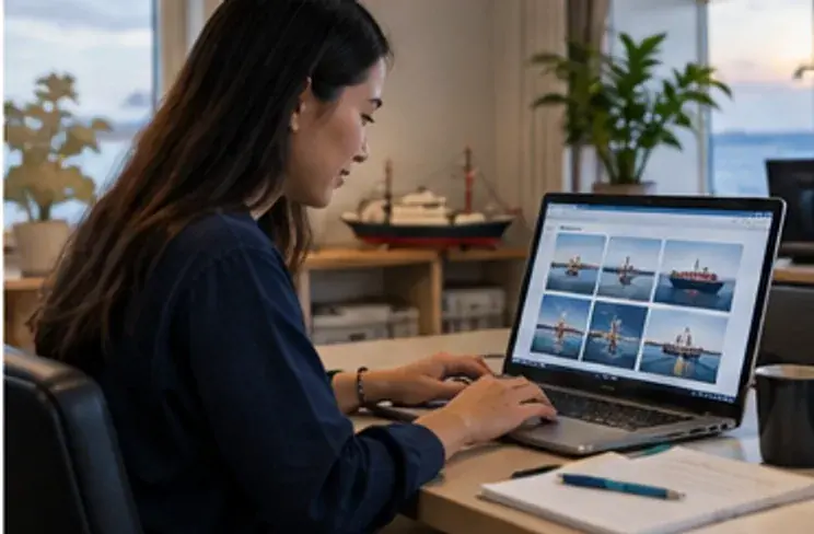 Marine engineer evaluating vessel performance data on a laptop