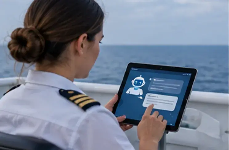 Marine engineer analyzing ship fuel performance and emissions data