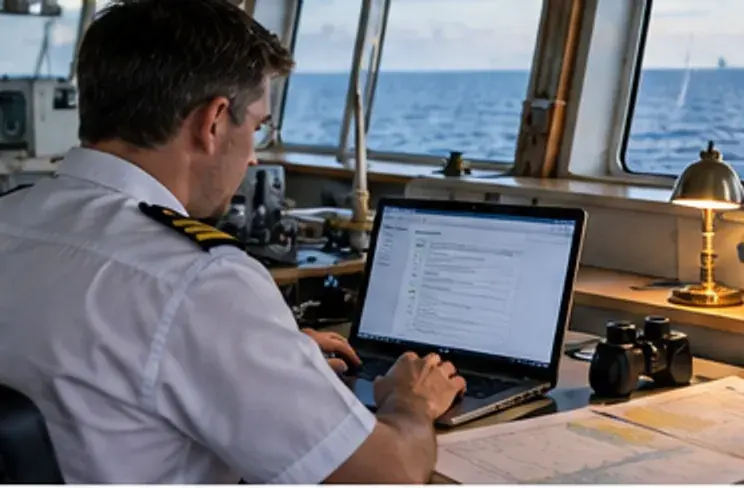 Ship officer using a digital assistant on a tablet at sea