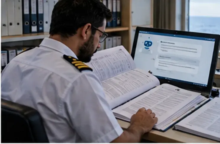 Bridge officer reviewing a digital workflow while retaining control