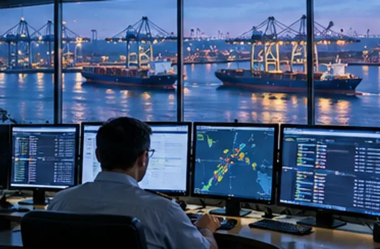 Officer at a ship navigation bridge overlooking the open sea