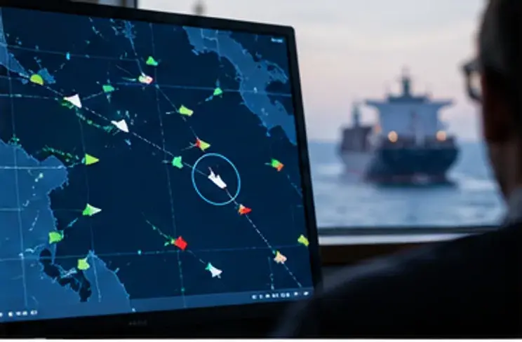 Vessel tracking and AIS data displayed on a maritime operations screen