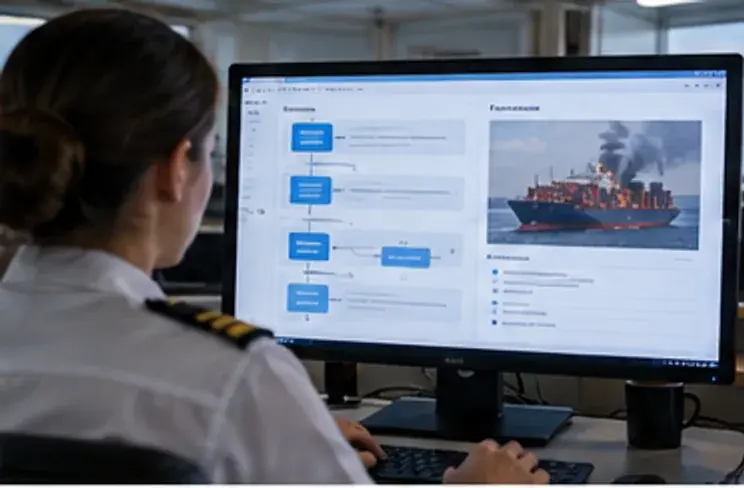 Seafarer reviewing ship documents beside a digital writing assistant