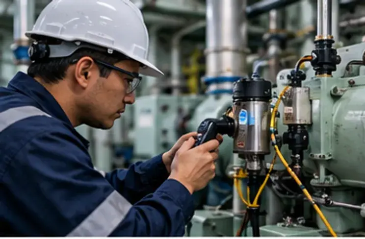 Marine engineer checking equipment condition in a ship engine room