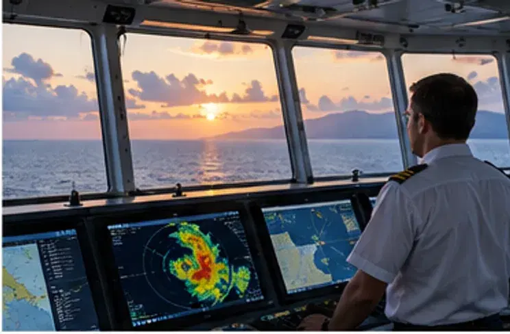 Ship bridge officer reviewing weather radar and voyage conditions